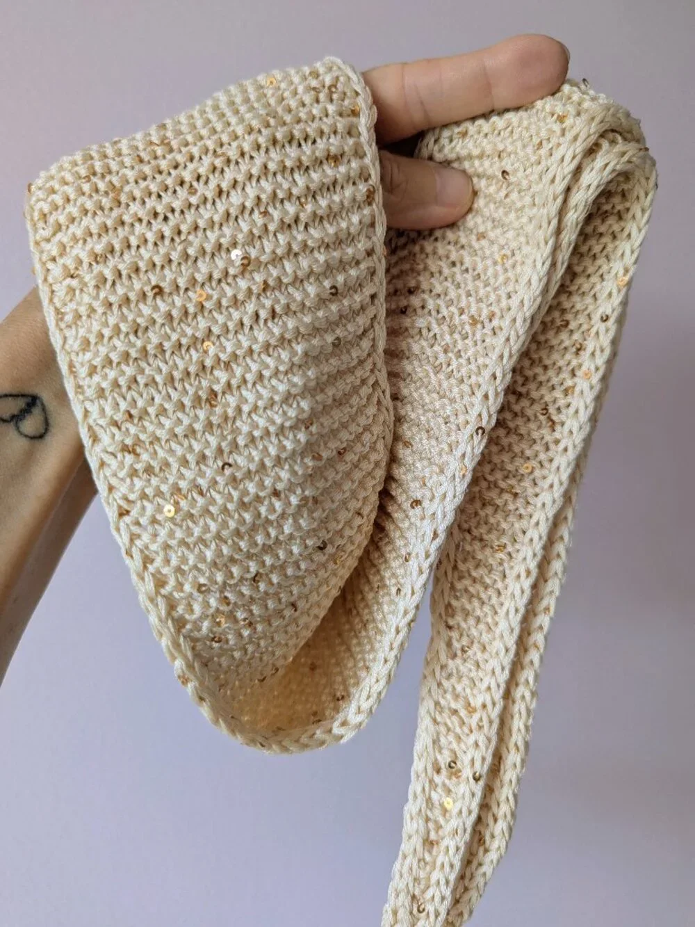 Handmade Sophie Scarf Linen Sequin Neck Tie Minimalist OS Ivory Gold